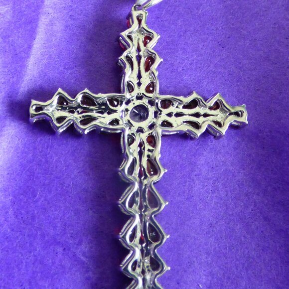 7.49CTS GARNET & WHITE TOPAZ SS CROSS PENDANT GOTH VICTORIAN LE 40 - Picture 5 of 9